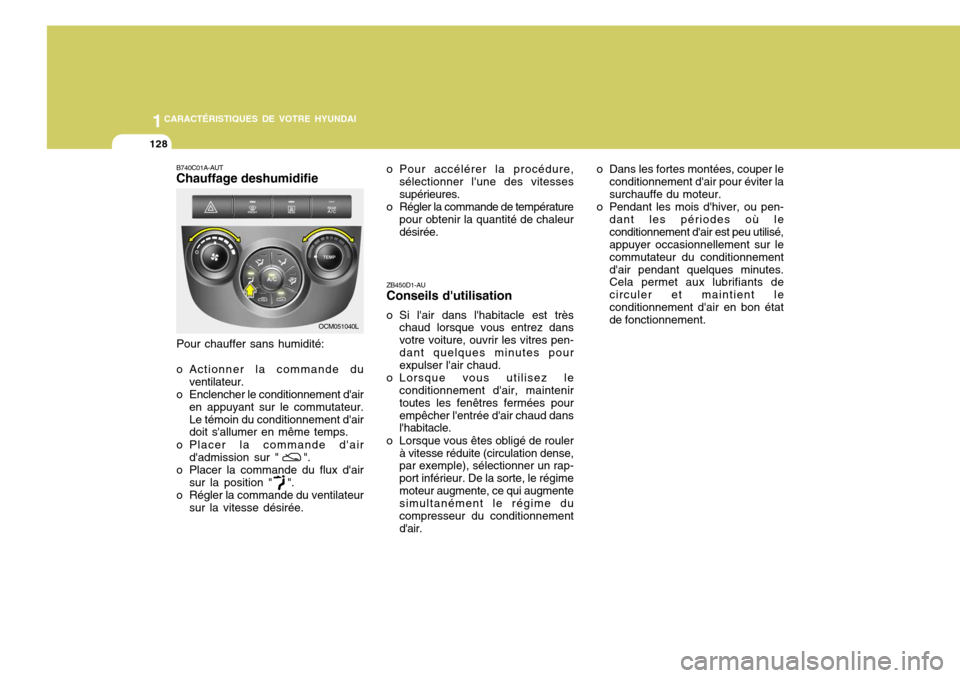 Hyundai Santa Fe 2008  Manuel du propriétaire (in French) 1CARACTÉRISTIQUES DE VOTRE HYUNDAI
128
ZB450D1-AU Conseils dutilisation
o Si lair dans lhabitacle est très chaud lorsque vous entrez dans votre voiture, ouvrir les vitres pen-dant quelques minute