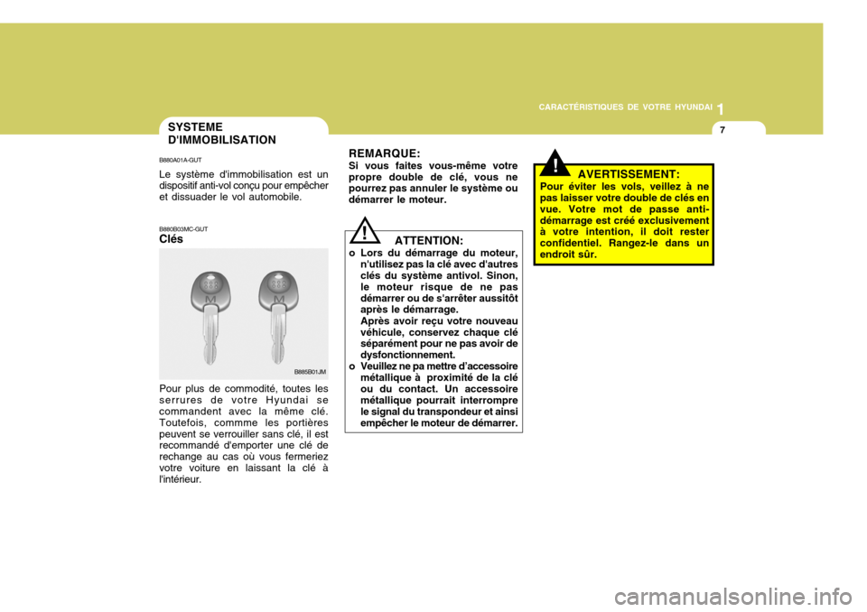 Hyundai Santa Fe 2008  Manuel du propriétaire (in French) 1
CARACTÉRISTIQUES DE VOTRE HYUNDAI
7SYSTEME DIMMOBILISATION
B880A01A-GUT Le système dimmobilisation est un dispositif anti-vol conçu pour empêcher et dissuader le vol automobile.
B885B01JM
B880