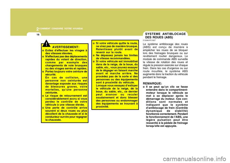 Hyundai Santa Fe 2008  Manuel du propriétaire (in French) 2COMMENT CONDUIRE VOTRE HYUNDAI
16SYSTEME ANTIBLOCAGE DES ROUES (ABS)
C120A01FC-GUT Le système antiblocage des roues (ABS) est conçu de manière à empêcher les roues de se bloquerlors des freinage