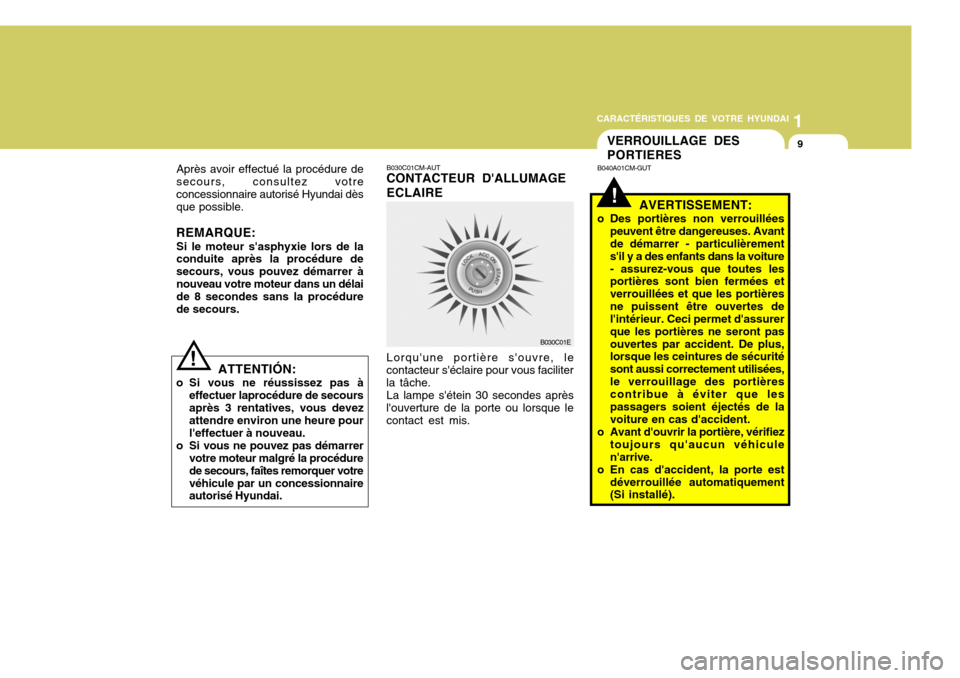 Hyundai Santa Fe 2008  Manuel du propriétaire (in French) 1
CARACTÉRISTIQUES DE VOTRE HYUNDAI
9
B030C01CM-AUT CONTACTEUR DALLUMAGE ECLAIRE Lorquune portière souvre, le
contacteur séclaire pour vous faciliter la tâche. La lampe sétein 30 secondes ap