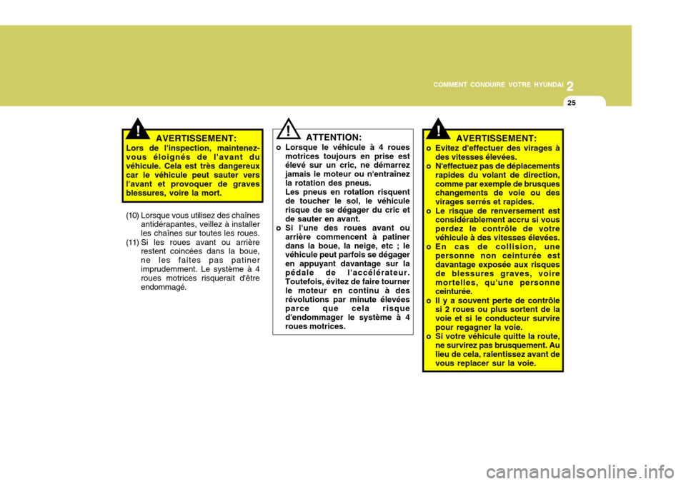 Hyundai Santa Fe 2008  Manuel du propriétaire (in French) 2
COMMENT CONDUIRE VOTRE HYUNDAI
25
ATTENTION:
o Lorsque le véhicule à 4 roues motrices toujours en prise est élevé sur un cric, ne démarrez jamais le moteur ou nentraînezla rotation des pneus.