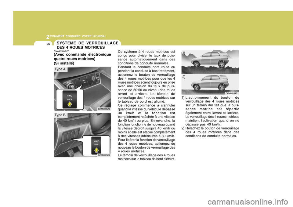 Hyundai Santa Fe 2008  Manuel du propriétaire (in French) 2COMMENT CONDUIRE VOTRE HYUNDAI
26SYSTEME DE VERROUILLAGE DES 4 ROUES MOTRICES
C360A01O-GUT (Avec commande électronique quatre roues motrices) (Si installé) Ce système à 4 roues motrices est
conç