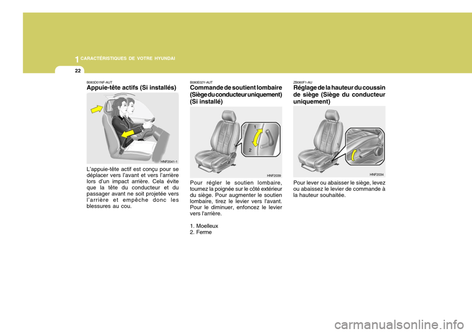 Hyundai Santa Fe 2008 Manuel du propriétaire (in French) 1CARACTÉRISTIQUES DE VOTRE HYUNDAI
22
ZB060F1-AU Réglage de la hauteur du coussin
de siège (Siège du conducteur uniquement)
Pour lever ou abaisser le siège, levez
ou abaissez le levier de command Hyundai Santa Fe 2008 Manuel du propriétaire (in French) 1CARACTÉRISTIQUES DE VOTRE HYUNDAI
22
ZB060F1-AU Réglage de la hauteur du coussin
de siège (Siège du conducteur uniquement)
Pour lever ou abaisser le siège, levez
ou abaissez le levier de command