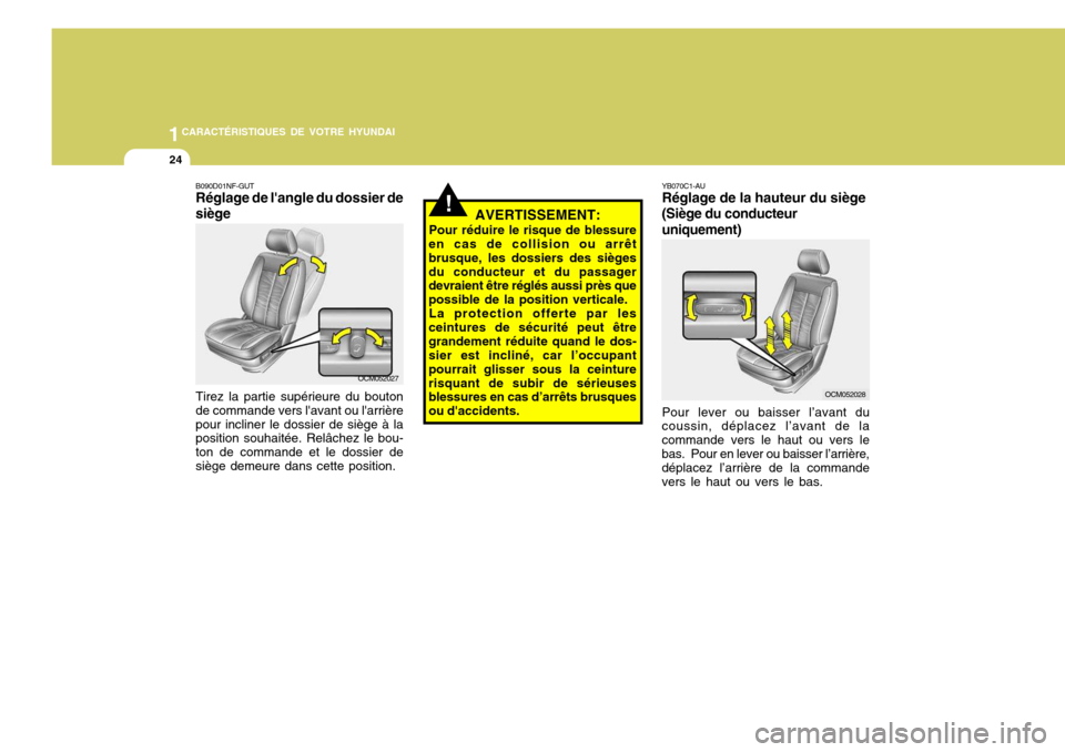 Hyundai Santa Fe 2008 Manuel du propriétaire (in French) 1CARACTÉRISTIQUES DE VOTRE HYUNDAI
24
YB070C1-AU Réglage de la hauteur du siège
(Siège du conducteur
uniquement)
Pour lever ou baisser l’avant du
coussin, déplacez l’avant de la commande vers Hyundai Santa Fe 2008 Manuel du propriétaire (in French) 1CARACTÉRISTIQUES DE VOTRE HYUNDAI
24
YB070C1-AU Réglage de la hauteur du siège
(Siège du conducteur
uniquement)
Pour lever ou baisser l’avant du
coussin, déplacez l’avant de la commande vers