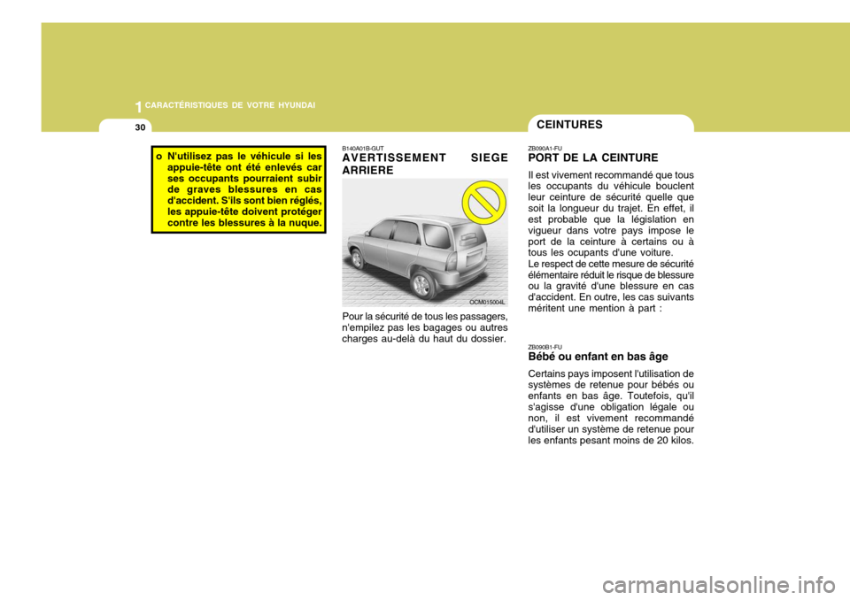 Hyundai Santa Fe 2008  Manuel du propriétaire (in French) 1CARACTÉRISTIQUES DE VOTRE HYUNDAI
30CEINTURES
B140A01B-GUT AVERTISSEMENT SIEGE
ARRIERE
Pour la sécurité de tous les passagers,
nempilez pas les bagages ou autres charges au-delà du haut du dossi