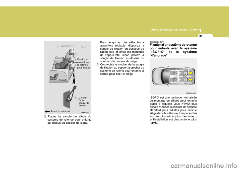 Hyundai Santa Fe 2008  Manuel du propriétaire (in French) 1
CARACTÉRISTIQUES DE VOTRE HYUNDAI
39
2. Placez la sangle du siège du
système de retenue pour enfants au-dessus du dossier de siège. OCM052213L
Fixation à crochet de la retenue pour enfants
Croc