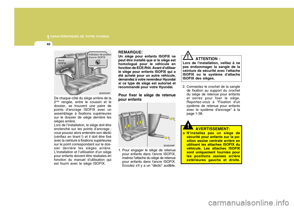 Hyundai Santa Fe 2008  Manuel du propriétaire (in French) 1CARACTÉRISTIQUES DE VOTRE HYUNDAI
40
!
B230D03NF
1. Pour engager le siège de retenue
pour enfants dans lancre ISOFIX, insérez lattache du siège de retenue pour enfants dans lancre ISOFIX. Ecou
