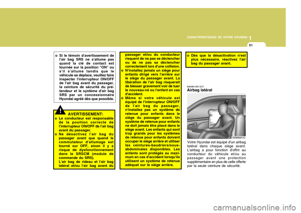 Hyundai Santa Fe 2008  Manuel du propriétaire (in French) 1
CARACTÉRISTIQUES DE VOTRE HYUNDAI
51
!AVERTISSEMENT:
o Le conducteur est responsable de la position correcte de linterrupteur ON/OFF de lair bag avant du passager.
o Ne désactivez lair bag du p