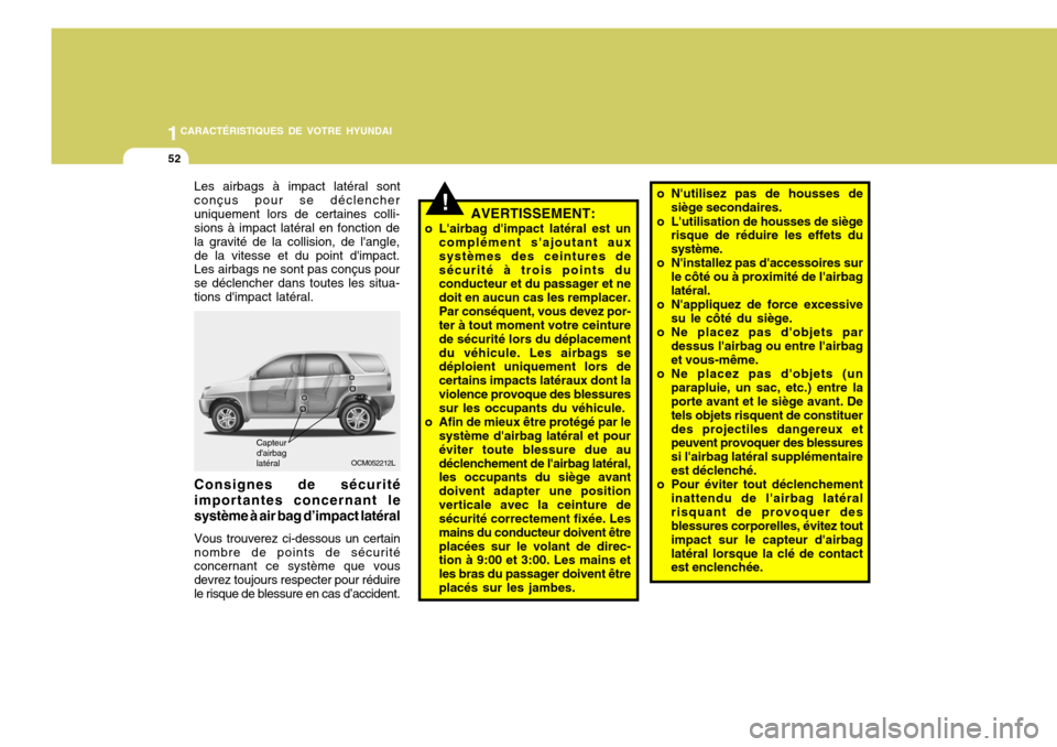 Hyundai Santa Fe 2008  Manuel du propriétaire (in French) 1CARACTÉRISTIQUES DE VOTRE HYUNDAI
52
Capteur dairbag latéral
OCM052212L
Consignes de sécurité importantes concernant le système à air bag d’impact latéral Vous trouverez ci-dessous un certa