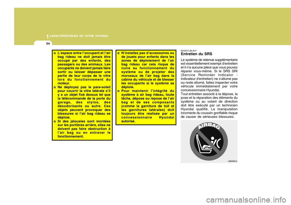 Hyundai Santa Fe 2008  Manuel du propriétaire (in French) 1CARACTÉRISTIQUES DE VOTRE HYUNDAI
54
1JBH3051L
o L’espace entre l’occupant et l’air
bag rideau ne doit jamais être occupé par des enfants, des passagers ou des animaux. Lesoccupants ne doive