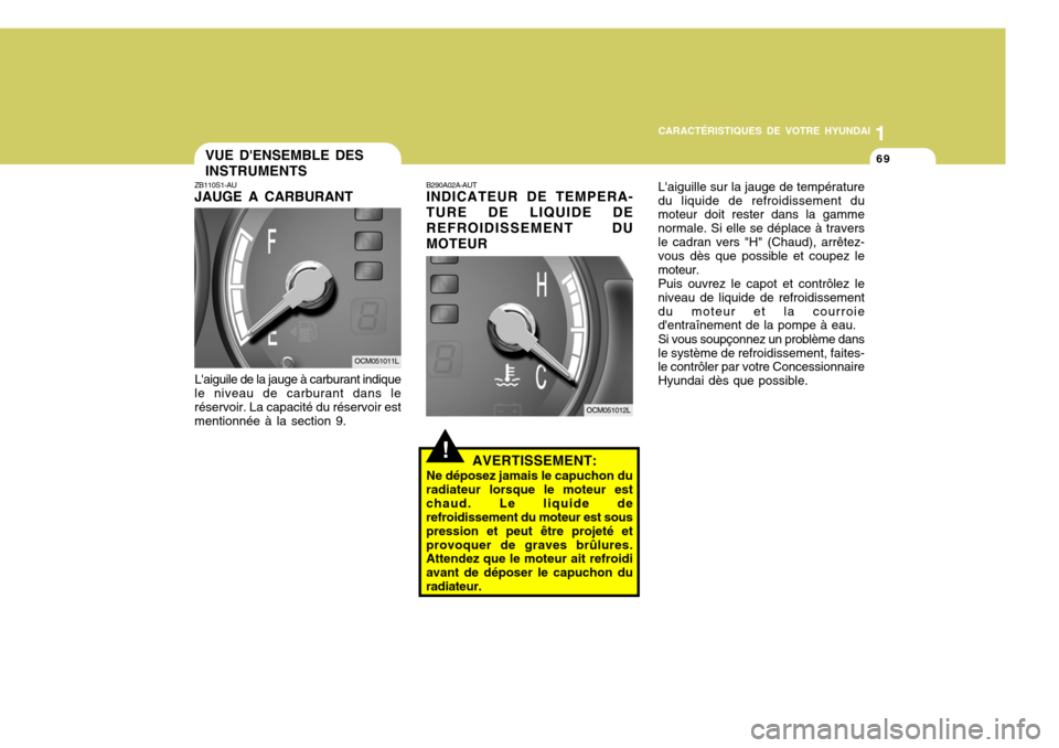 Hyundai Santa Fe 2008  Manuel du propriétaire (in French) 1
CARACTÉRISTIQUES DE VOTRE HYUNDAI
69VUE DENSEMBLE DES INSTRUMENTS
ZB110S1-AU JAUGE A CARBURANT
Laiguile de la jauge à carburant indique
le niveau de carburant dans le réservoir. La capacité du