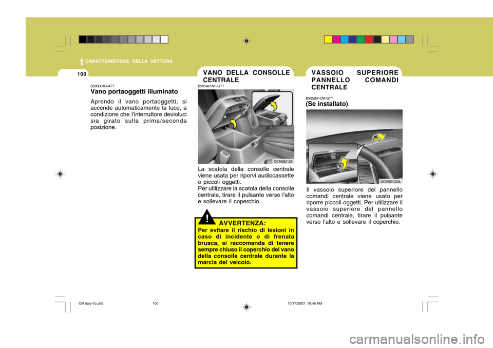 Hyundai Santa Fe 2008  Manuale del proprietario (in Italian) 1CARATTERISTICHE DELLA VETTURA
100
!
B500B01O-ATT Vano portaoggetti illuminato Aprendo il vano portaoggetti, si accende automaticamente la luce, a condizione che linterruttore deviolucisia girato sul