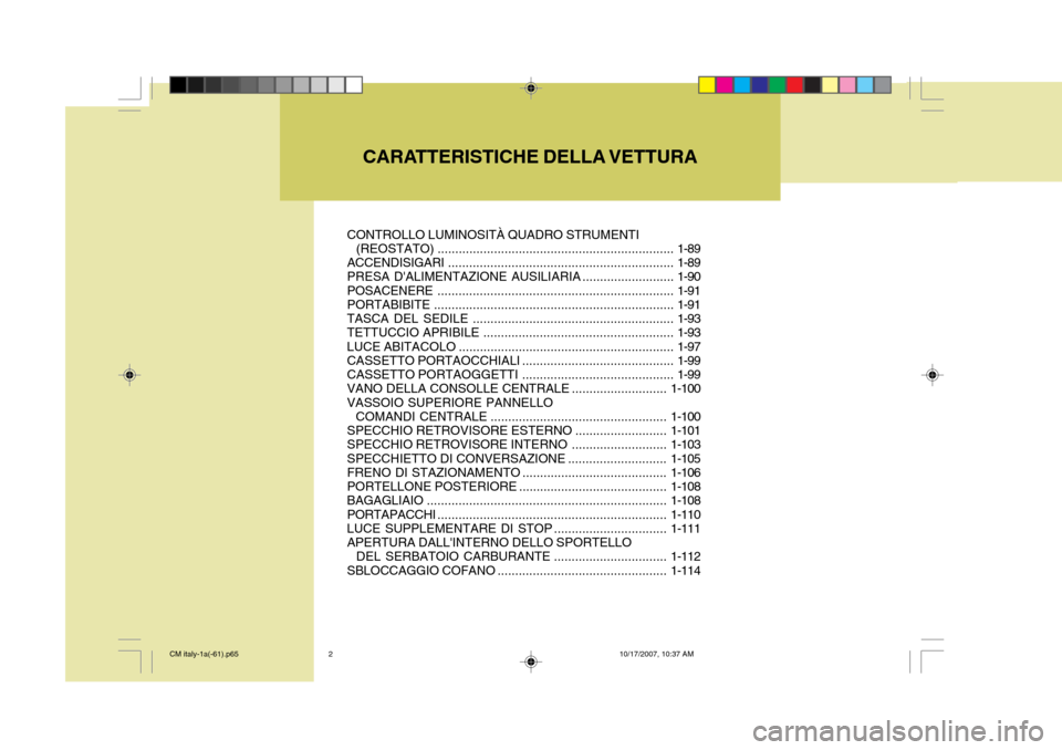 Hyundai Santa Fe 2008  Manuale del proprietario (in Italian) CARATTERISTICHE DELLA VETTURA
CONTROLLO LUMINOSITÀ QUADRO STRUMENTI 
  (REOSTATO) ................................................................... 1-89
ACCENDISIGARI ..............................