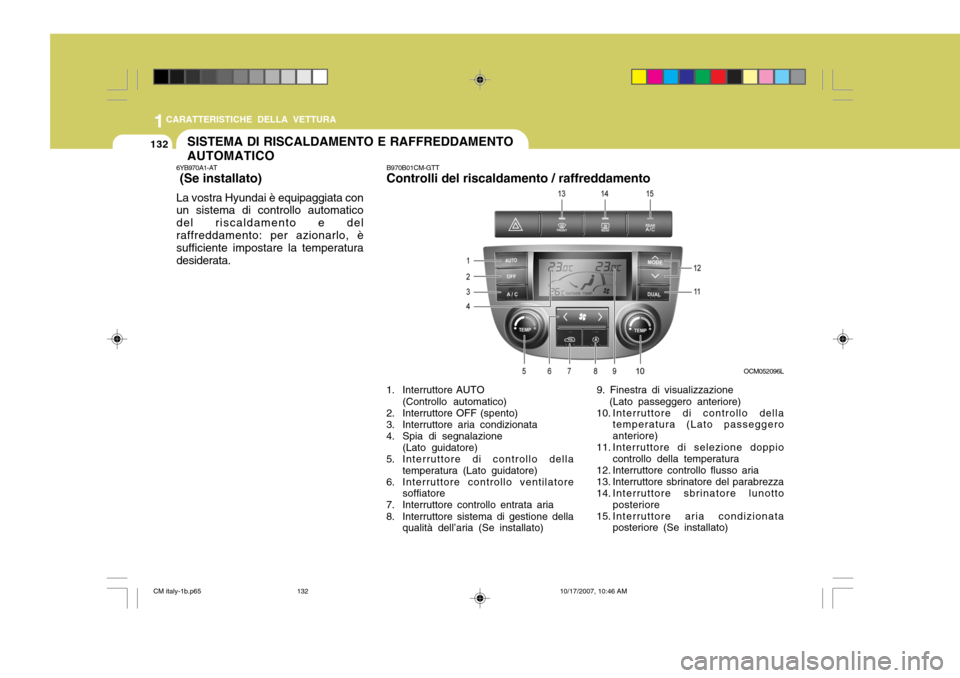 Hyundai Santa Fe 2008 Manuale del proprietario (in Italian) 1CARATTERISTICHE DELLA VETTURA
132SISTEMA DI RISCALDAMENTO E RAFFREDDAMENTO AUTOMATICO
6YB970A1-AT (Se installato) La vostra Hyundai è equipaggiata con un sistema di controllo automatico del riscald Hyundai Santa Fe 2008 Manuale del proprietario (in Italian) 1CARATTERISTICHE DELLA VETTURA
132SISTEMA DI RISCALDAMENTO E RAFFREDDAMENTO AUTOMATICO
6YB970A1-AT (Se installato) La vostra Hyundai è equipaggiata con un sistema di controllo automatico del riscald