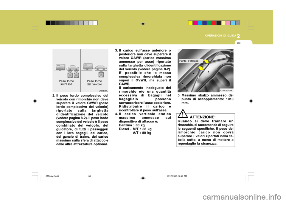 Hyundai Santa Fe 2008 Manuale del proprietario (in Italian) 2
OPERAZIONI DI GUIDA
33
Punto dattacco
ATTENZIONE:
Quando si deve trainare un rimorchio, si raccomanda di seguirele seguenti specifiche. Il peso del rimorchio carico non dovrà superare i valori rip Hyundai Santa Fe 2008 Manuale del proprietario (in Italian) 2
OPERAZIONI DI GUIDA
33
Punto dattacco
ATTENZIONE:
Quando si deve trainare un rimorchio, si raccomanda di seguirele seguenti specifiche. Il peso del rimorchio carico non dovrà superare i valori rip