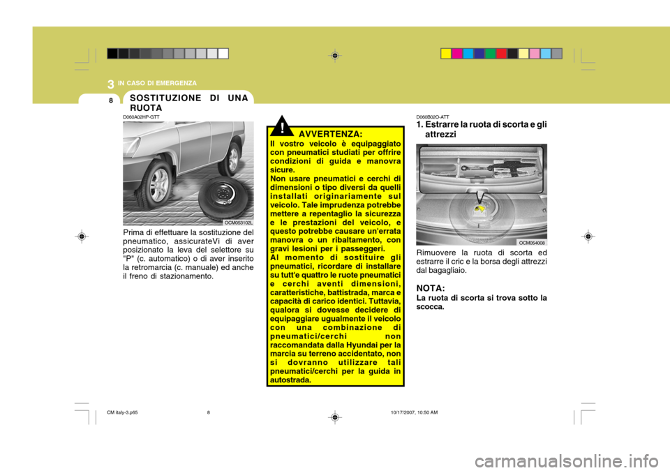 Hyundai Santa Fe 2008 Manuale del proprietario (in Italian) 3 IN CASO DI EMERGENZA
8
!
D060A02HP-GTT Prima di effettuare la sostituzione del
pneumatico, assicurateVi di aver posizionato la leva del selettore su "P" (c. automatico) o di aver inseritola retromar Hyundai Santa Fe 2008 Manuale del proprietario (in Italian) 3 IN CASO DI EMERGENZA
8
!
D060A02HP-GTT Prima di effettuare la sostituzione del
pneumatico, assicurateVi di aver posizionato la leva del selettore su "P" (c. automatico) o di aver inseritola retromar