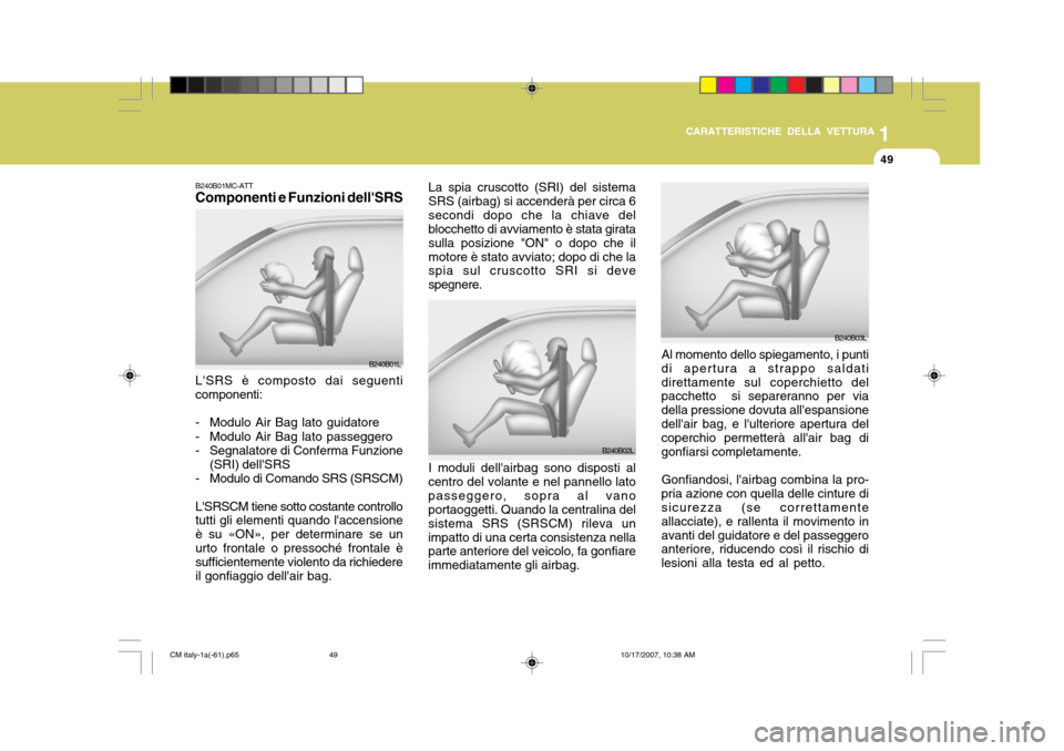 Hyundai Santa Fe 2008 Manuale del proprietario (in Italian) 1
CARATTERISTICHE DELLA VETTURA
49
B240B02L Al momento dello spiegamento, i punti
di apertura a strappo saldati direttamente sul coperchietto del pacchetto si separeranno per via della pressione dovu Hyundai Santa Fe 2008 Manuale del proprietario (in Italian) 1
CARATTERISTICHE DELLA VETTURA
49
B240B02L Al momento dello spiegamento, i punti
di apertura a strappo saldati direttamente sul coperchietto del pacchetto si separeranno per via della pressione dovu