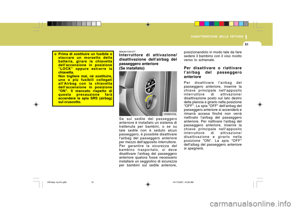 Hyundai Santa Fe 2008 Manuale del proprietario (in Italian) 1
CARATTERISTICHE DELLA VETTURA
51
B990A01CM-GTT Interruttore di attivazione/
disattivazione dellairbag del passeggero anteriore
(Se installato)
OCM051010L
Se sul sedile del passeggero
anteriore è i Hyundai Santa Fe 2008 Manuale del proprietario (in Italian) 1
CARATTERISTICHE DELLA VETTURA
51
B990A01CM-GTT Interruttore di attivazione/
disattivazione dellairbag del passeggero anteriore
(Se installato)
OCM051010L
Se sul sedile del passeggero
anteriore è i
