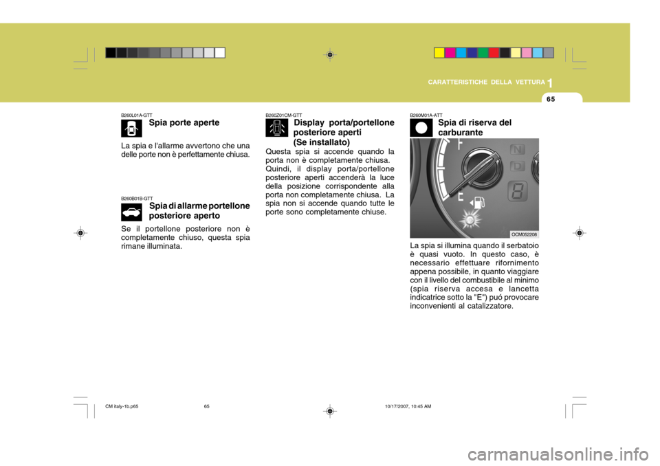 Hyundai Santa Fe 2008  Manuale del proprietario (in Italian) 1
CARATTERISTICHE DELLA VETTURA
65
B260M01A-ATT Spia di riserva del carburante
B260Z01CM-GTT
Display porta/portellone
posteriore aperti
(Se installato)
Questa spia si accende quando la
porta non è co
