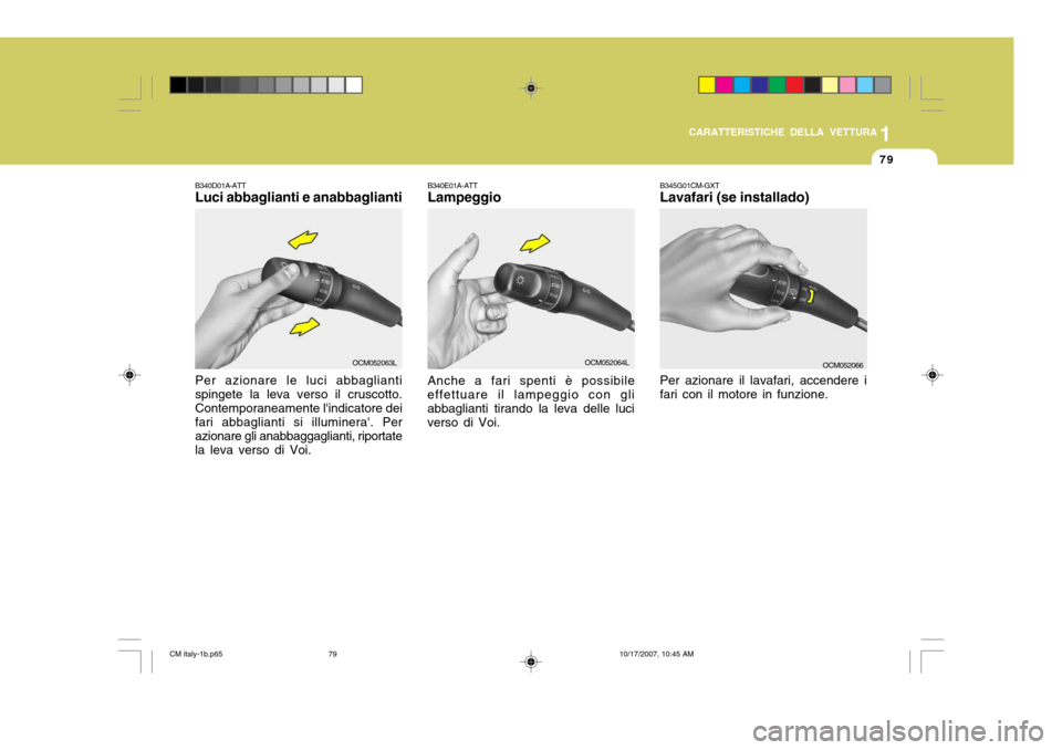 Hyundai Santa Fe 2008  Manuale del proprietario (in Italian) 1
CARATTERISTICHE DELLA VETTURA
79
B340D01A-ATT Luci abbaglianti e anabbaglianti B340E01A-ATTLampeggio Anche a fari spenti è possibile
effettuare il lampeggio con gli abbaglianti tirando la leva dell