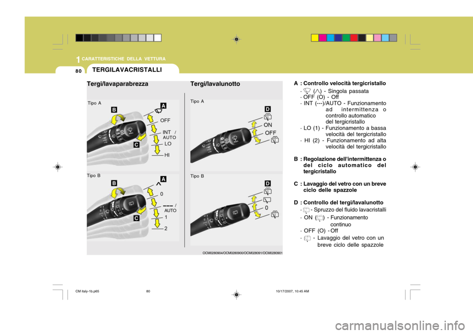 Hyundai Santa Fe 2008  Manuale del proprietario (in Italian) 1CARATTERISTICHE DELLA VETTURA
80TERGILAVACRISTALLI
A : Controllo velocità tergicristallo·
 () - Singola passata
· OFF (O) - Off · INT (---)/AUTO - Funzionamento
ad  intermittenza ocontrollo autom