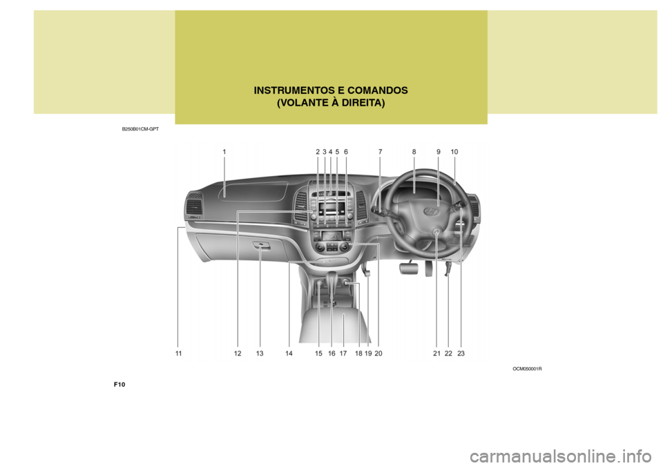 Hyundai Santa Fe 2008  Manual do proprietário (in Portuguese) INSTRUMENTOS E COMANDOS(VOLANTE À DIREITA)
B250B01CM-GPT
OCM050001R
F10  