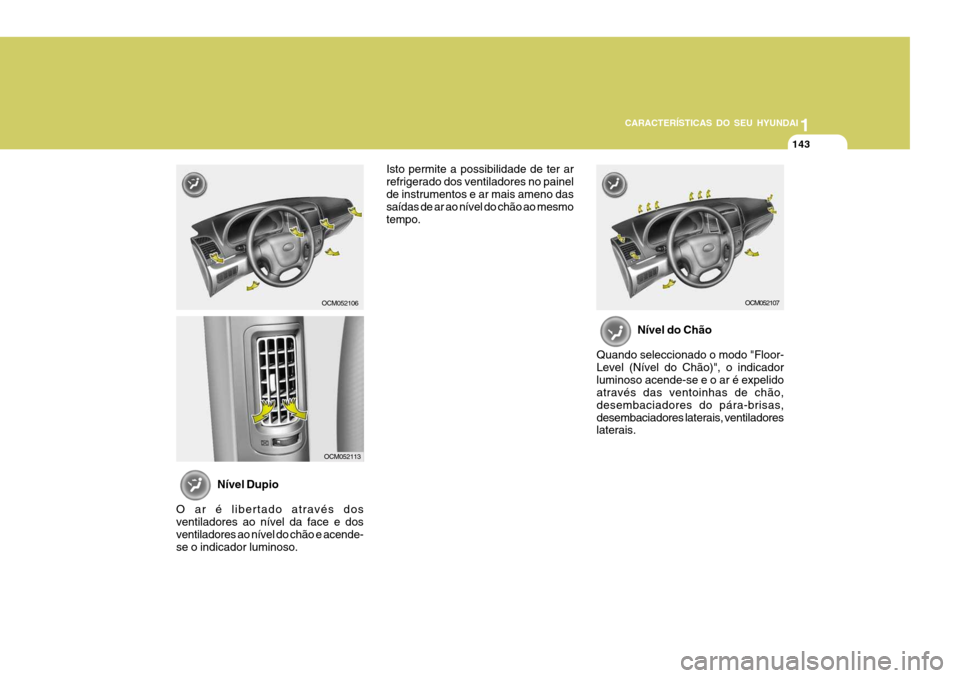 Hyundai Santa Fe 2008 Manual do proprietário (in Portuguese) 11
CARACTERÍSTICAS DO SEU HYUNDAI
143
Nível Dupio
O ar é libertado através dos ventiladores ao nível da face e dos ventiladores ao nível do chão e acende- se o indicador luminoso. Nível do Ch Hyundai Santa Fe 2008 Manual do proprietário (in Portuguese) 11
CARACTERÍSTICAS DO SEU HYUNDAI
143
Nível Dupio
O ar é libertado através dos ventiladores ao nível da face e dos ventiladores ao nível do chão e acende- se o indicador luminoso. Nível do Ch