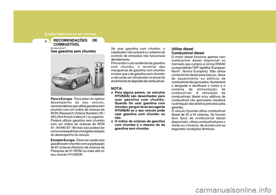 Hyundai Santa Fe 2008 Manual do proprietário (in Portuguese) 1CARACTERÍSTICAS DO SEU HYUNDAI
4RECOMENDAÇÕES DE COMBUSTÍVEL
B010A02CM-GPT Use gasolina sem chumbo Para a Europa - Para obter um óptimo
desempenho do seu veículo, recomendamos que utilize Hyundai Santa Fe 2008 Manual do proprietário (in Portuguese) 1CARACTERÍSTICAS DO SEU HYUNDAI
4RECOMENDAÇÕES DE COMBUSTÍVEL
B010A02CM-GPT Use gasolina sem chumbo Para a Europa - Para obter um óptimo
desempenho do seu veículo, recomendamos que utilize