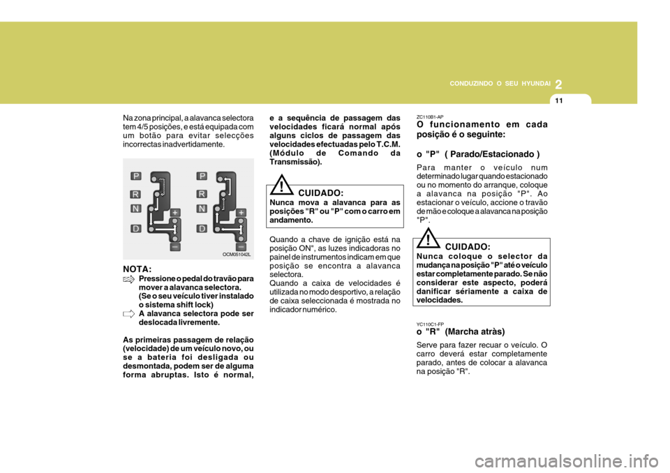Hyundai Santa Fe 2008  Manual do proprietário (in Portuguese) 2
CONDUZINDO O SEU HYUNDAI
11
!
YC110C1-FP 
o "R"  (Marcha atràs) Serve para fazer recuar o veículo. O carro deverá estar completamente parado, antes de colocar a alavanca na posição "R". ZC110B1