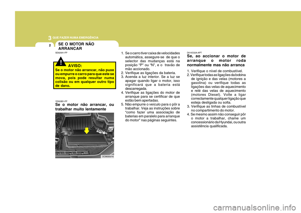 Hyundai Santa Fe 2008 Manual do proprietário (in Portuguese) 3 QUE FAZER NUMA EMERGÊNCIA
2SE O MOTOR NÃO ARRANCAR
SD020A1-FP
AVISO:
Se o motor não arrancar, não puxe ou empurre o carro para que este semova, pois pode resultar numa colisão ou em qualquer ou Hyundai Santa Fe 2008 Manual do proprietário (in Portuguese) 3 QUE FAZER NUMA EMERGÊNCIA
2SE O MOTOR NÃO ARRANCAR
SD020A1-FP
AVISO:
Se o motor não arrancar, não puxe ou empurre o carro para que este semova, pois pode resultar numa colisão ou em qualquer ou