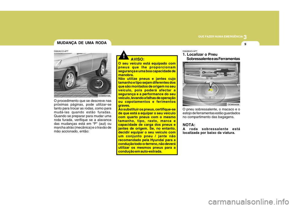 Hyundai Santa Fe 2008 Manual do proprietário (in Portuguese) 3
QUE FAZER NUMA EMERGÊNCIA
9MUDANÇA DE UMA RODA
D060A01O-APT O procedimento que se descreve nas próximas páginas, pode utilizar-se tanto para trocar as rodas, como paramudá-las quando estão fur Hyundai Santa Fe 2008 Manual do proprietário (in Portuguese) 3
QUE FAZER NUMA EMERGÊNCIA
9MUDANÇA DE UMA RODA
D060A01O-APT O procedimento que se descreve nas próximas páginas, pode utilizar-se tanto para trocar as rodas, como paramudá-las quando estão fur