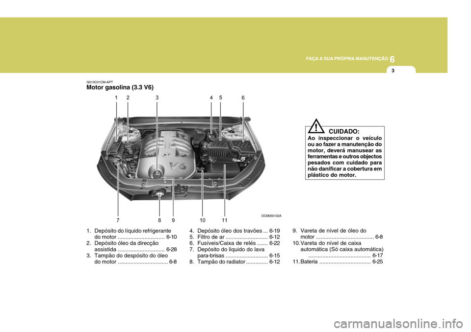 Hyundai Santa Fe 2008  Manual do proprietário (in Portuguese) 6
FAÇA A SUA PRÓPRIA MANUTENÇÃO
3
G010C01CM-APT
Motor gasolina (3.3 V6)
  CUIDADO:
Ao inspeccionar o veículo ou ao fazer a manutenção domotor, deverá manusear as ferramentas e outros objectos 