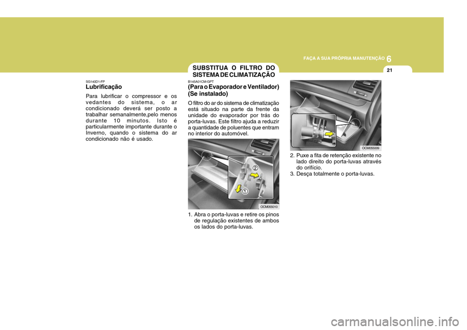 Hyundai Santa Fe 2008 Manual do proprietário (in Portuguese) 6
FAÇA A SUA PRÓPRIA MANUTENÇÃO
21
SG140D1-FP
Lubrificação
Para lubrificar o compressor e os vedantes do sistema, o ar condicionado deverá ser posto a trabalhar semanalmente,pelo menosdurante 1 Hyundai Santa Fe 2008 Manual do proprietário (in Portuguese) 6
FAÇA A SUA PRÓPRIA MANUTENÇÃO
21
SG140D1-FP
Lubrificação
Para lubrificar o compressor e os vedantes do sistema, o ar condicionado deverá ser posto a trabalhar semanalmente,pelo menosdurante 1