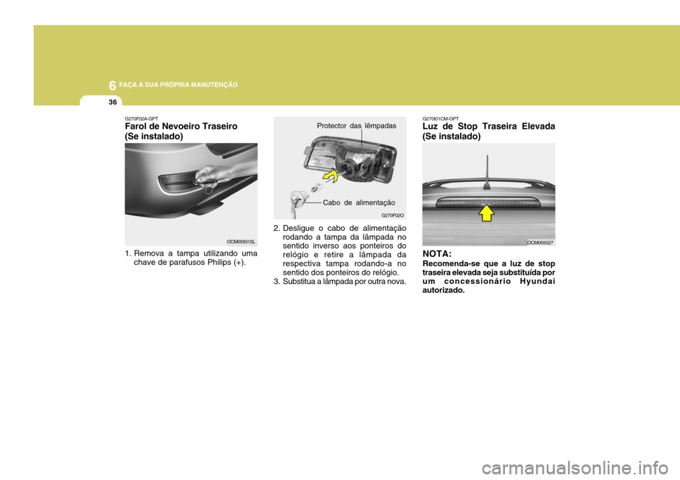 Hyundai Santa Fe 2008 Manual do proprietário (in Portuguese) 6 FAÇA A SUA PRÓPRIA MANUTENÇÃO
36
2. Desligue o cabo de alimentaçãorodando a tampa da lâmpada no sentido inverso aos ponteiros do relógio e retire a lâmpada darespectiva tampa rodando-a no s Hyundai Santa Fe 2008 Manual do proprietário (in Portuguese) 6 FAÇA A SUA PRÓPRIA MANUTENÇÃO
36
2. Desligue o cabo de alimentaçãorodando a tampa da lâmpada no sentido inverso aos ponteiros do relógio e retire a lâmpada darespectiva tampa rodando-a no s