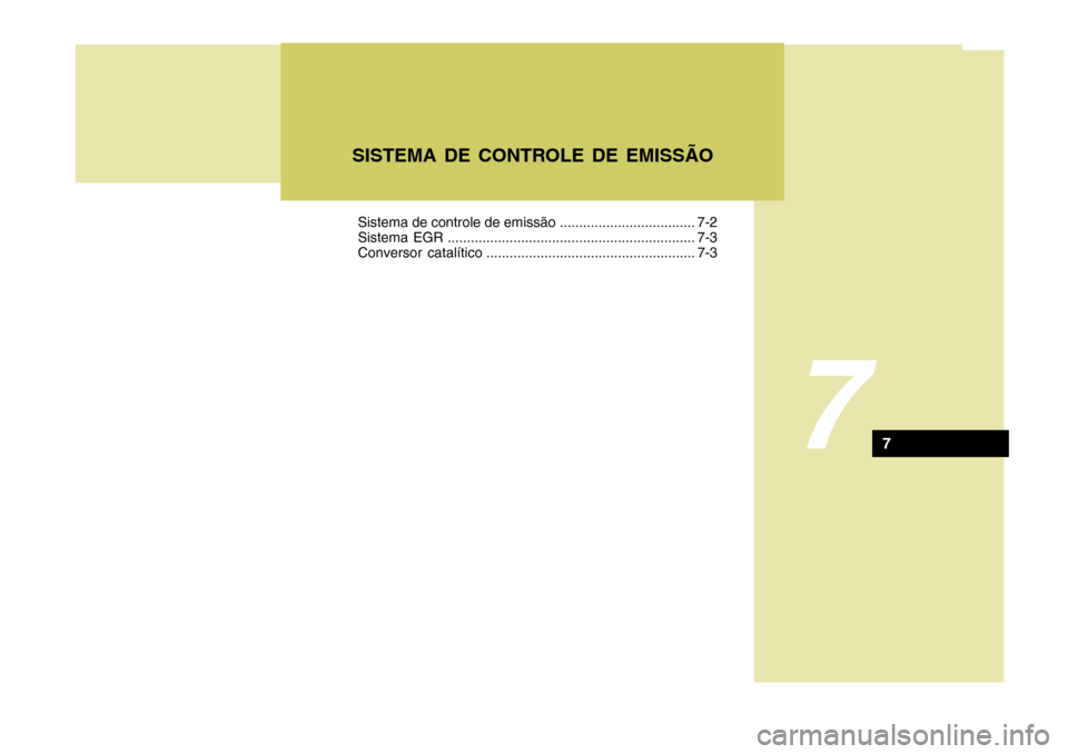 Hyundai Santa Fe 2008  Manual do proprietário (in Portuguese) 7
SISTEMA DE CONTROLE DE EMISSÃO
7
Sistema de controle de emissão ................................... 7-2 
Sistema EGR ................................................................ 7-3
Conversor 