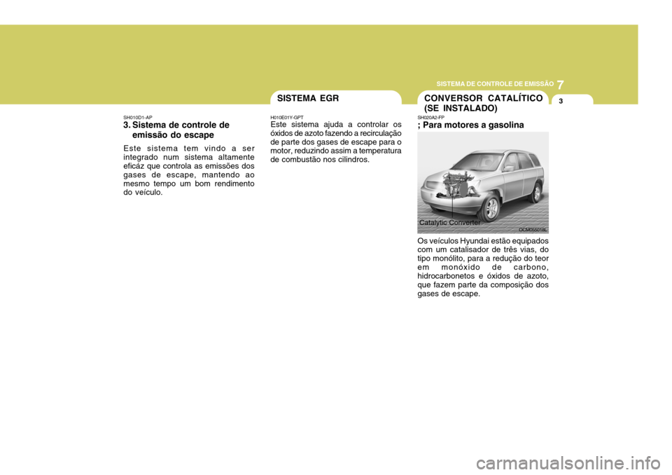 Hyundai Santa Fe 2008  Manual do proprietário (in Portuguese) 7
SISTEMA DE CONTROLE DE EMISSÃO
3CONVERSOR CATALÍTICO (SE INSTALADO)
SH010D1-AP
3. Sistema de controle de
emissão do escape
Este sistema tem vindo a ser integrado num sistema altamente eficáz que