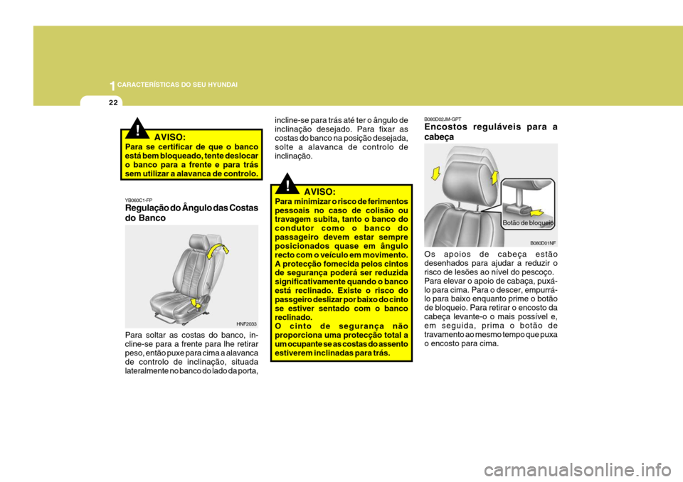 Hyundai Santa Fe 2008  Manual do proprietário (in Portuguese) 1CARACTERÍSTICAS DO SEU HYUNDAI
22
!
YB060C1-FP Regulação do Ângulo das Costas do Banco Para soltar as costas do banco, in- cline-se para a frente para lhe retirarpeso, então puxe para cima a ala