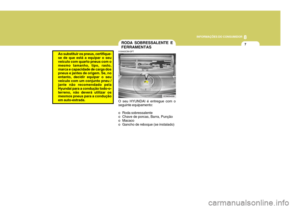 Hyundai Santa Fe 2008 Manual do proprietário (in Portuguese) 8
INFORMAÇÕES DO CONSUMIDOR
7
O seu HYUNDAI é entregue com o seguinte equipamento:
o Roda sobressalente
o Chave de porcas, Barra, Punção
o Macaco
o Gancho de reboque (se instalado)
I100A02CM- Hyundai Santa Fe 2008 Manual do proprietário (in Portuguese) 8
INFORMAÇÕES DO CONSUMIDOR
7
O seu HYUNDAI é entregue com o seguinte equipamento:
o Roda sobressalente
o Chave de porcas, Barra, Punção
o Macaco
o Gancho de reboque (se instalado)
I100A02CM-