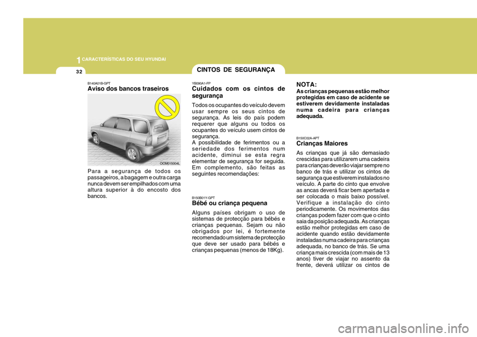 Hyundai Santa Fe 2008 Manual do proprietário (in Portuguese) 1CARACTERÍSTICAS DO SEU HYUNDAI
32
B140A01B-GPT Aviso dos bancos traseiros Para a segurança de todos os passageiros, a bagagem e outra carganunca devem ser empilhados com uma altura superior à do e Hyundai Santa Fe 2008 Manual do proprietário (in Portuguese) 1CARACTERÍSTICAS DO SEU HYUNDAI
32
B140A01B-GPT Aviso dos bancos traseiros Para a segurança de todos os passageiros, a bagagem e outra carganunca devem ser empilhados com uma altura superior à do e