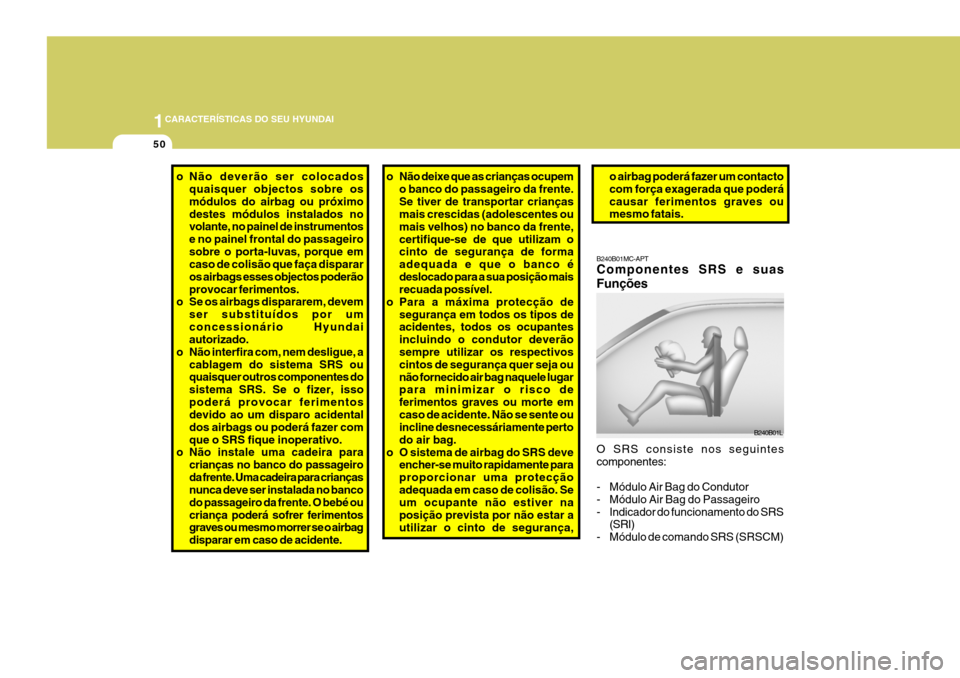 Hyundai Santa Fe 2008  Manual do proprietário (in Portuguese) 1CARACTERÍSTICAS DO SEU HYUNDAI
50
o Não deverão ser colocados
quaisquer objectos sobre os módulos do airbag ou próximodestes módulos instalados no volante, no painel de instrumentos e no painel