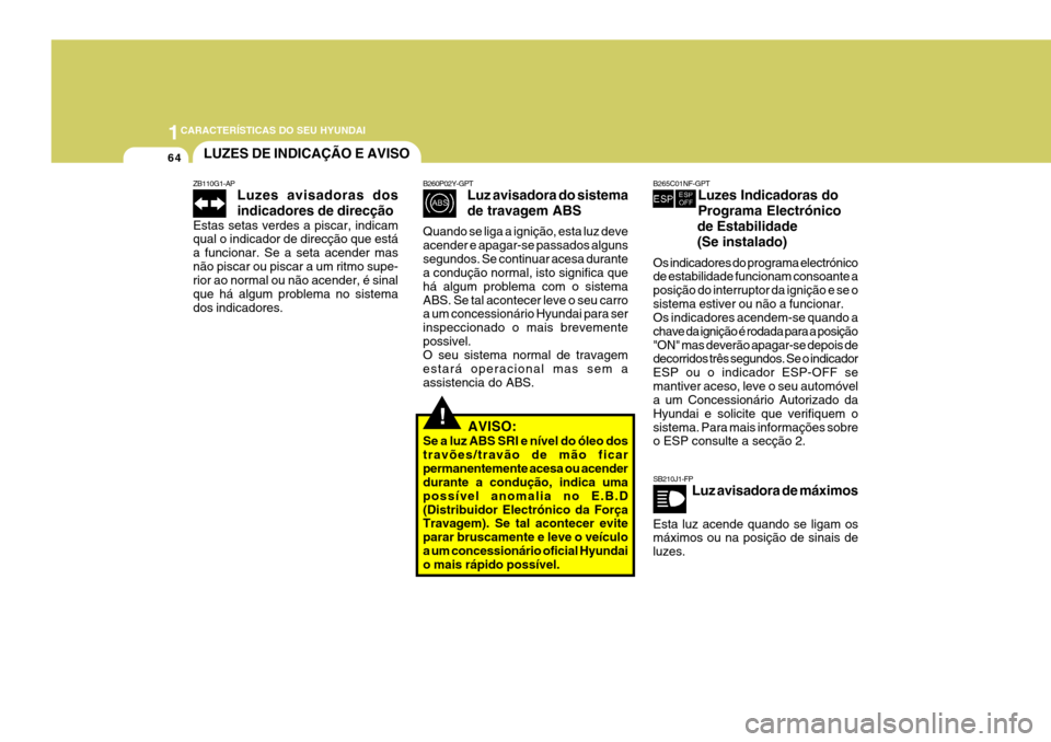 Hyundai Santa Fe 2008 Manual do proprietário (in Portuguese) 1CARACTERÍSTICAS DO SEU HYUNDAI
64LUZES DE INDICAÇÃO E AVISO
!
ZB110G1-AP
Luzes avisadoras dos indicadores de direcção
Estas setas verdes a piscar, indicam qual o indicador de direcção que est Hyundai Santa Fe 2008 Manual do proprietário (in Portuguese) 1CARACTERÍSTICAS DO SEU HYUNDAI
64LUZES DE INDICAÇÃO E AVISO
!
ZB110G1-AP
Luzes avisadoras dos indicadores de direcção
Estas setas verdes a piscar, indicam qual o indicador de direcção que est