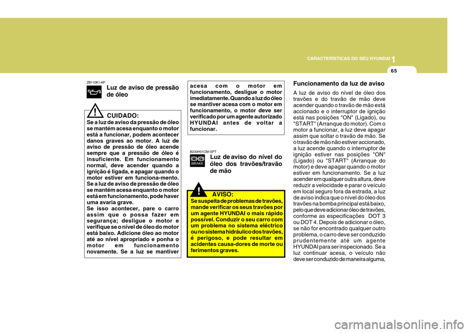 Hyundai Santa Fe 2008  Manual do proprietário (in Portuguese) 1
CARACTERÍSTICAS DO SEU HYUNDAI
65
acesa com o motor em funcionamento, desligue o motorimediatamente. Quando a luz do óleo se mantiver acesa com o motor em funcionamento, o motor deve serverificado