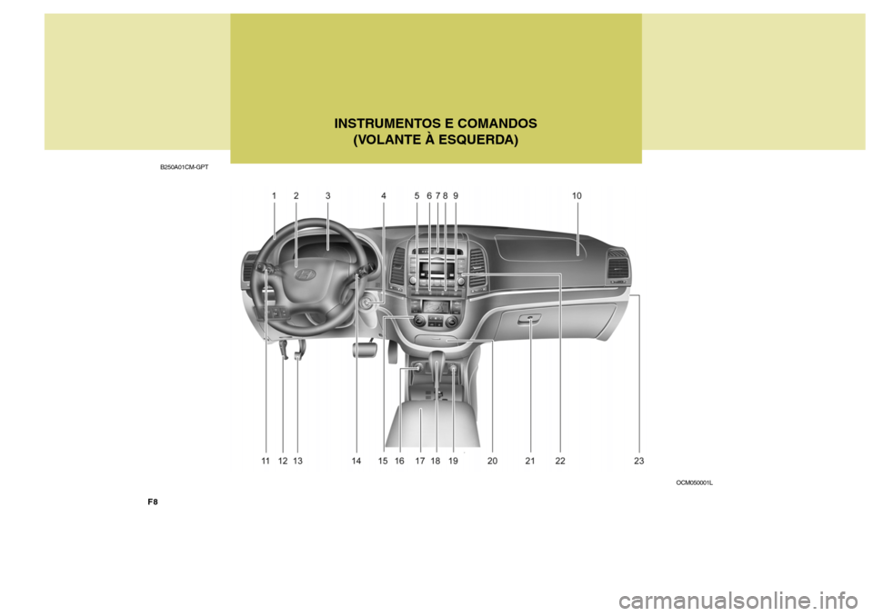 Hyundai Santa Fe 2008  Manual do proprietário (in Portuguese) INSTRUMENTOS E COMANDOS(VOLANTE À ESQUERDA)
B250A01CM-GPT
OCM050001L
F8  