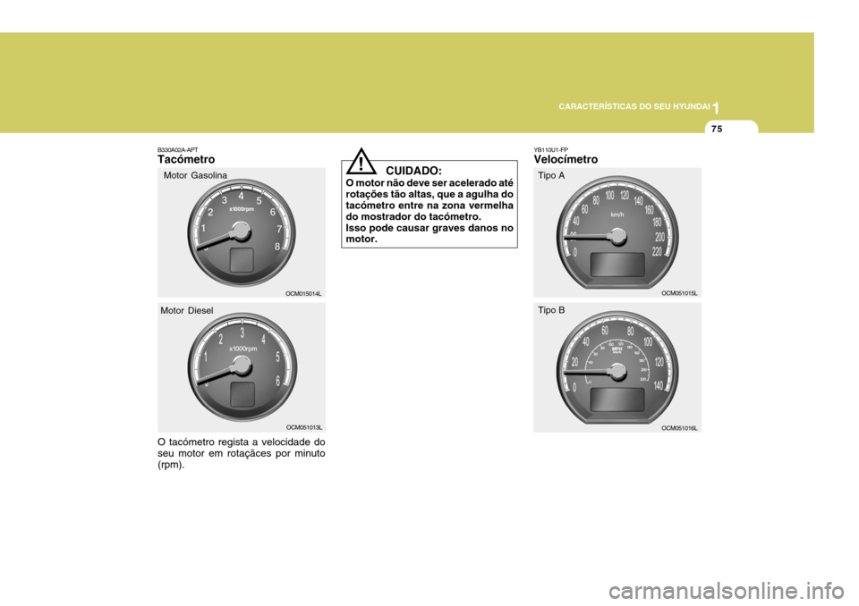 Hyundai Santa Fe 2008  Manual do proprietário (in Portuguese) 1
CARACTERÍSTICAS DO SEU HYUNDAI
75
B330A02A-APT Tacómetro O tacómetro regista a velocidade do seu motor em rotaçãces por minuto(rpm). OCM015014L
OCM051013L
Motor Gasolina
Motor DieselYB110U1-FP 
