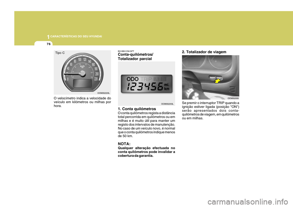 Hyundai Santa Fe 2008 Manual do proprietário (in Portuguese) 1CARACTERÍSTICAS DO SEU HYUNDAI
76
B310B01CM-GPT Conta-quilómetros/ Totalizador parcial 1. Conta quilómetros O conta quilómetros regista a distância total percorrida em quilómetros ou em milhas Hyundai Santa Fe 2008 Manual do proprietário (in Portuguese) 1CARACTERÍSTICAS DO SEU HYUNDAI
76
B310B01CM-GPT Conta-quilómetros/ Totalizador parcial 1. Conta quilómetros O conta quilómetros regista a distância total percorrida em quilómetros ou em milhas