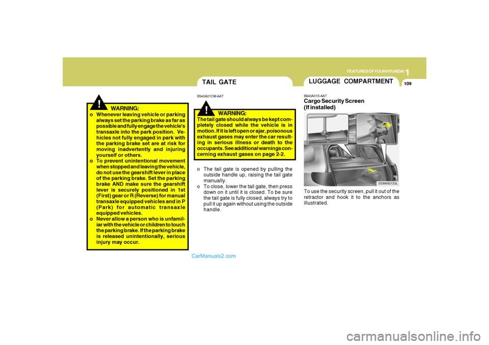 Hyundai Santa Fe 2007  Owners Manual 1
FEATURES OF YOUR HYUNDAI
109
!
!TAIL GATEB540A01CM-AAT
WARNING:
The tail gate should always be kept com-
pletely closed while the vehicle is in
motion. If it is left open or ajar, poisonous
exhaust 