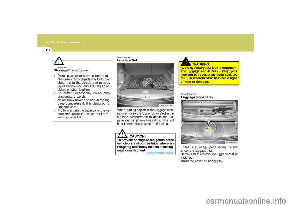 Hyundai Santa Fe 2007  Owners Manual 1FEATURES OF YOUR HYUNDAI
110
!
CAUTION:
To prevent damage to the goods or the
vehicle, care should be taken when car-
rying fragile or bulky objects in the lug-
gage compartment.
!
WARNING:
Avoid eye