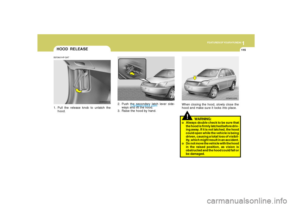 Hyundai Santa Fe 2007  Owners Manual 1
FEATURES OF YOUR HYUNDAI
115
2. Push the secondary latch lever side-
ways and lift the hood.
3. Raise the hood by hand.
OCM052019
HOOD RELEASEB570A01HP-GAT1. Pull the release knob to unlatch the
hoo