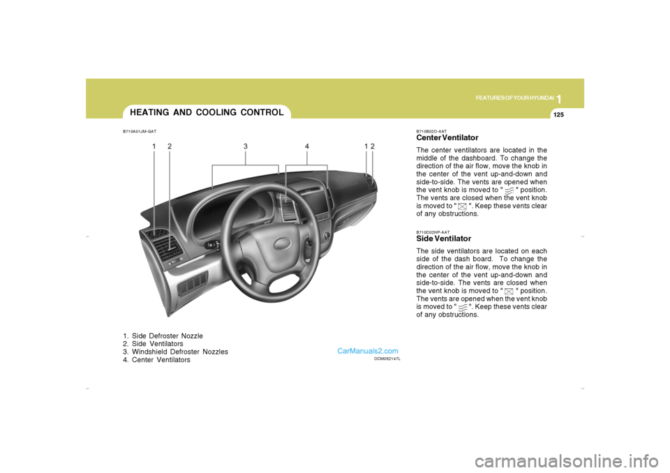 Hyundai Santa Fe 2007 Owners Manual 1
FEATURES OF YOUR HYUNDAI
125
FEATURES OF YOUR HYUNDAI
125125125125
HEATING AND COOLING CONTROLB710A01JM-GAT1. Side Defroster Nozzle
2. Side Ventilators
3. Windshield Defroster Nozzles
4. Center Vent Hyundai Santa Fe 2007 Owners Manual 1
FEATURES OF YOUR HYUNDAI
125
FEATURES OF YOUR HYUNDAI
125125125125
HEATING AND COOLING CONTROLB710A01JM-GAT1. Side Defroster Nozzle
2. Side Ventilators
3. Windshield Defroster Nozzles
4. Center Vent