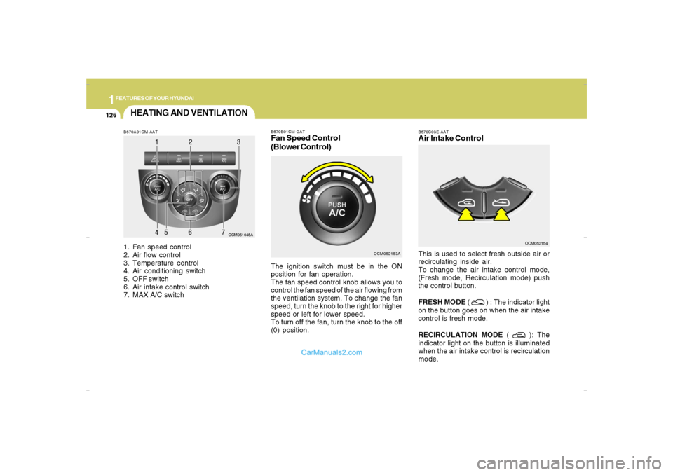 Hyundai Santa Fe 2007 Owners Manual 1FEATURES OF YOUR HYUNDAI
126
B670A01CM-AAT1. Fan speed control
2. Air flow control
3. Temperature control
4. Air conditioning switch
5. OFF switch
6. Air intake control switch
7. MAX A/C switch
OCM05 Hyundai Santa Fe 2007 Owners Manual 1FEATURES OF YOUR HYUNDAI
126
B670A01CM-AAT1. Fan speed control
2. Air flow control
3. Temperature control
4. Air conditioning switch
5. OFF switch
6. Air intake control switch
7. MAX A/C switch
OCM05